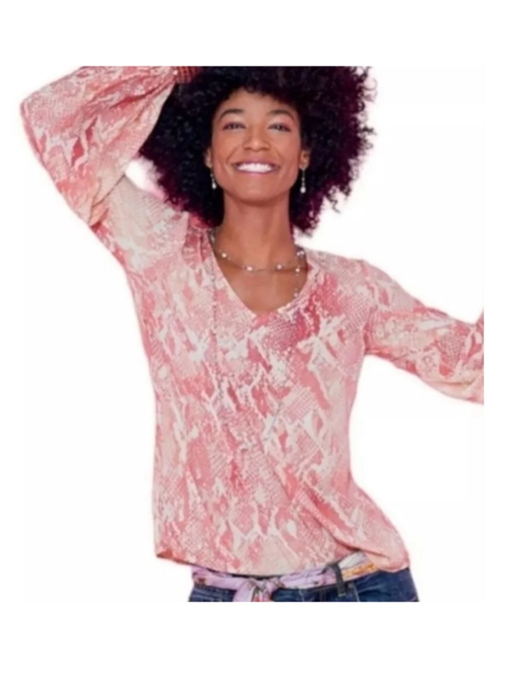 CAbi Pink Snake-Print V-Neck Blouse